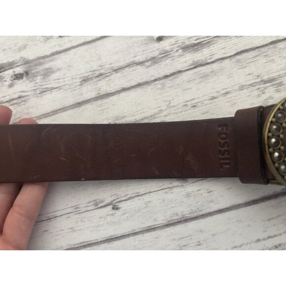 Fossil Genuine Brown Leather Belt Aged Cowgirl Brass Bejeweled Sz S - Picture 5 of 8